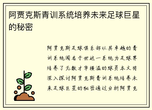 阿贾克斯青训系统培养未来足球巨星的秘密